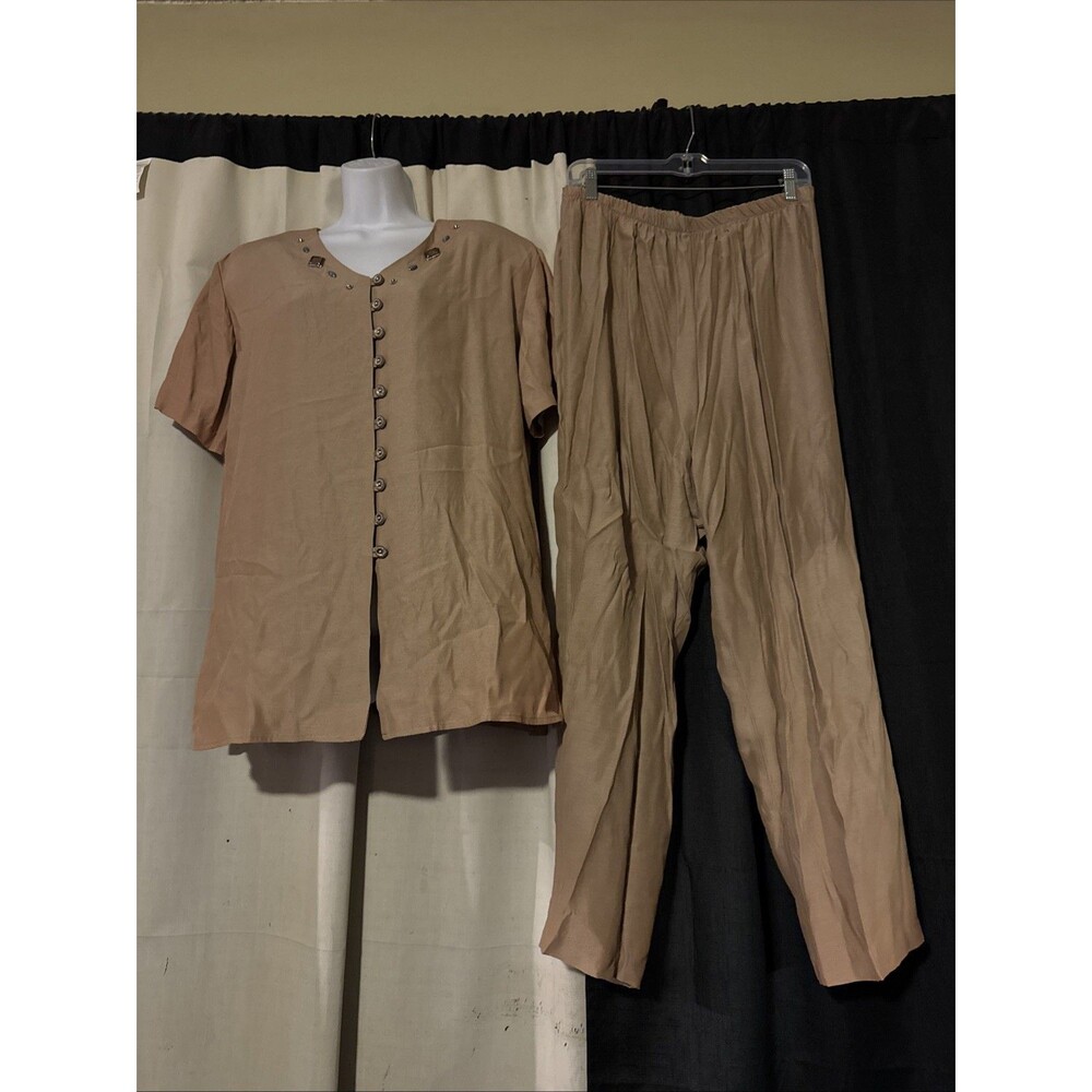 Vintage 90s Pride & Joy Womens 2pc Short Sleeve and Pant Suit Tan Gems Size 18M